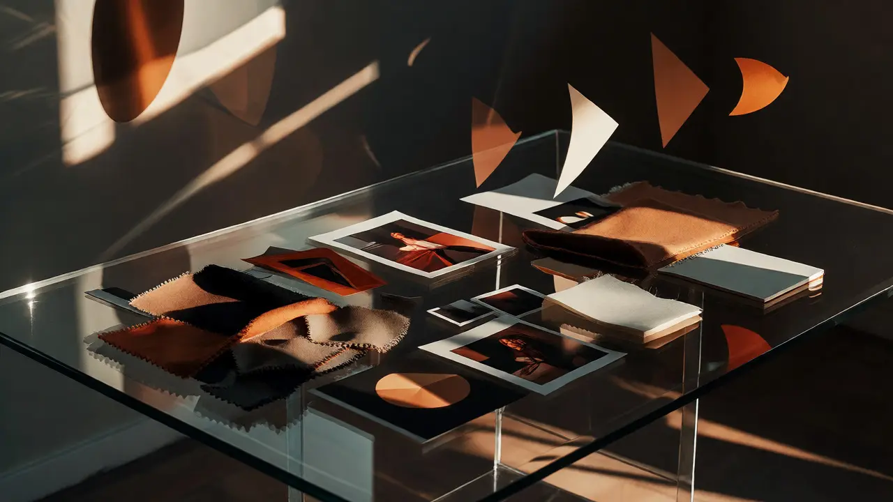 Mood board elements like fabric swatches and photo references arranged on a reflective glass table.