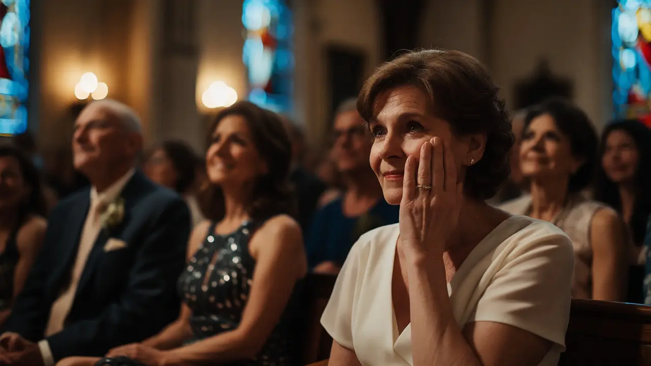 Mother of the bride crying tears of joy during wedding vows