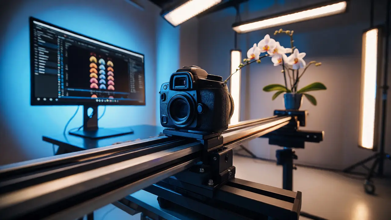 Motorized focus rail moving a camera along a track in a bright studio setting.