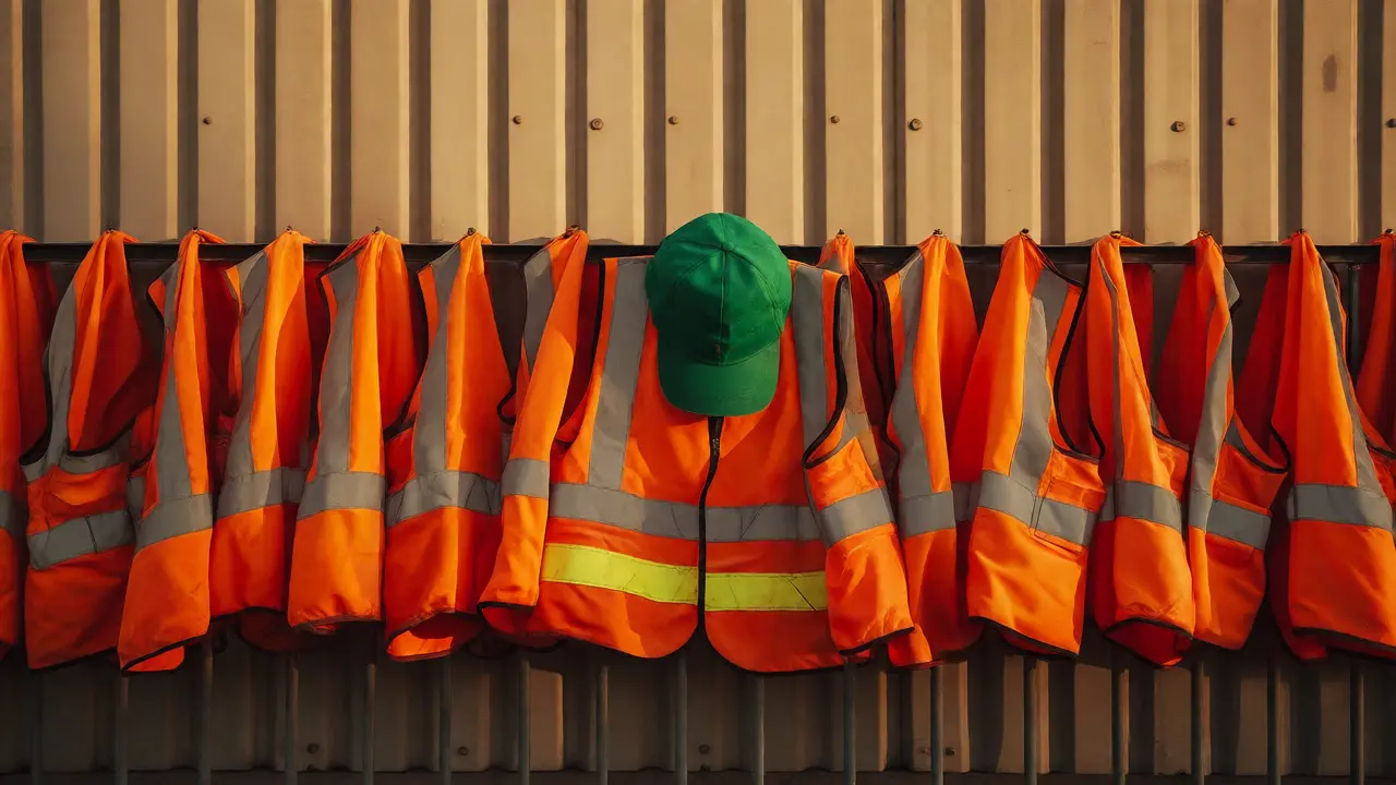 Orange vests with one green accent