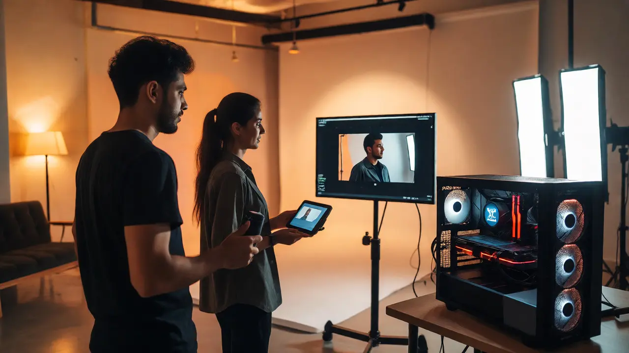 Photographer and model reviewing images on a large monitor during a tethered studio shoot.
