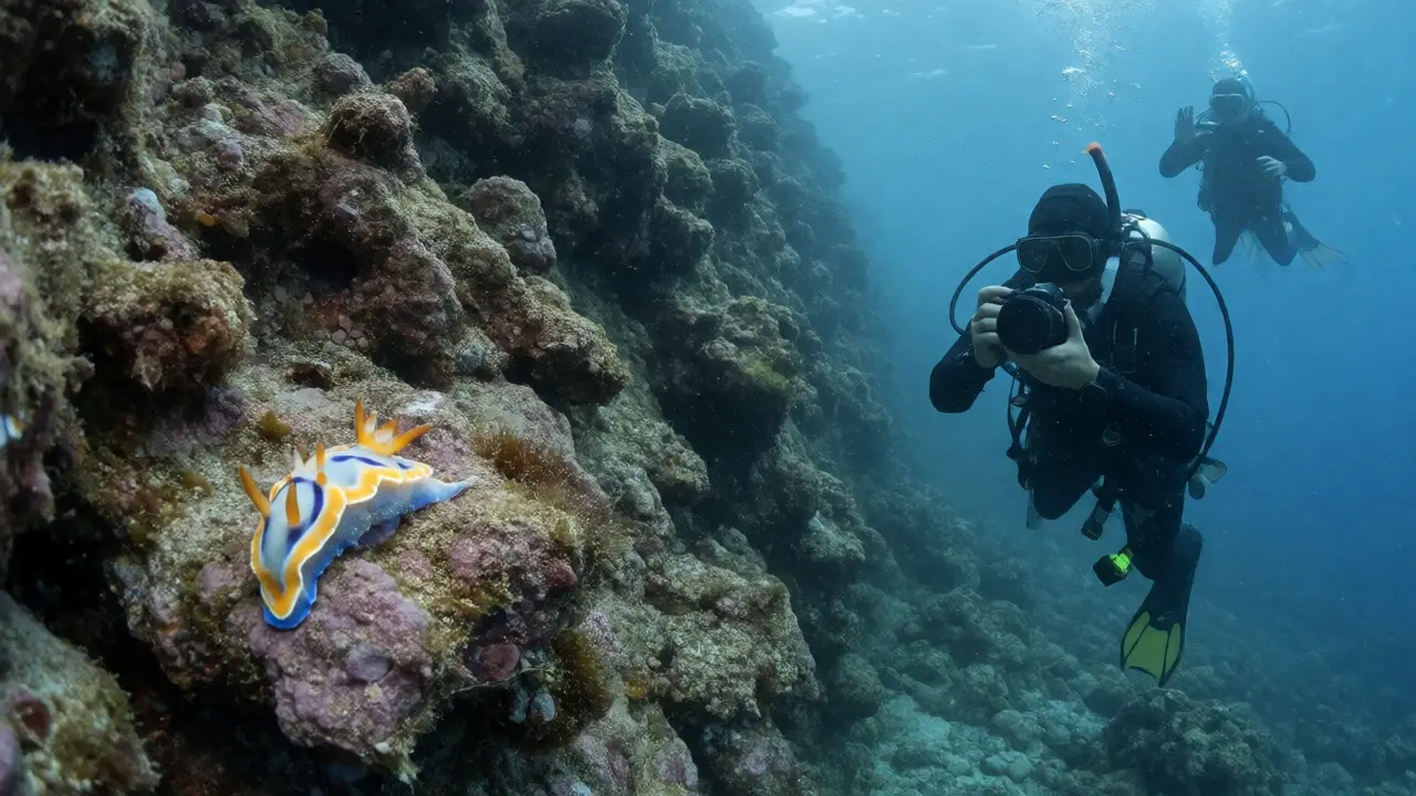 Photographer observing a nudibranch from a respectful distance on a healthy reef.