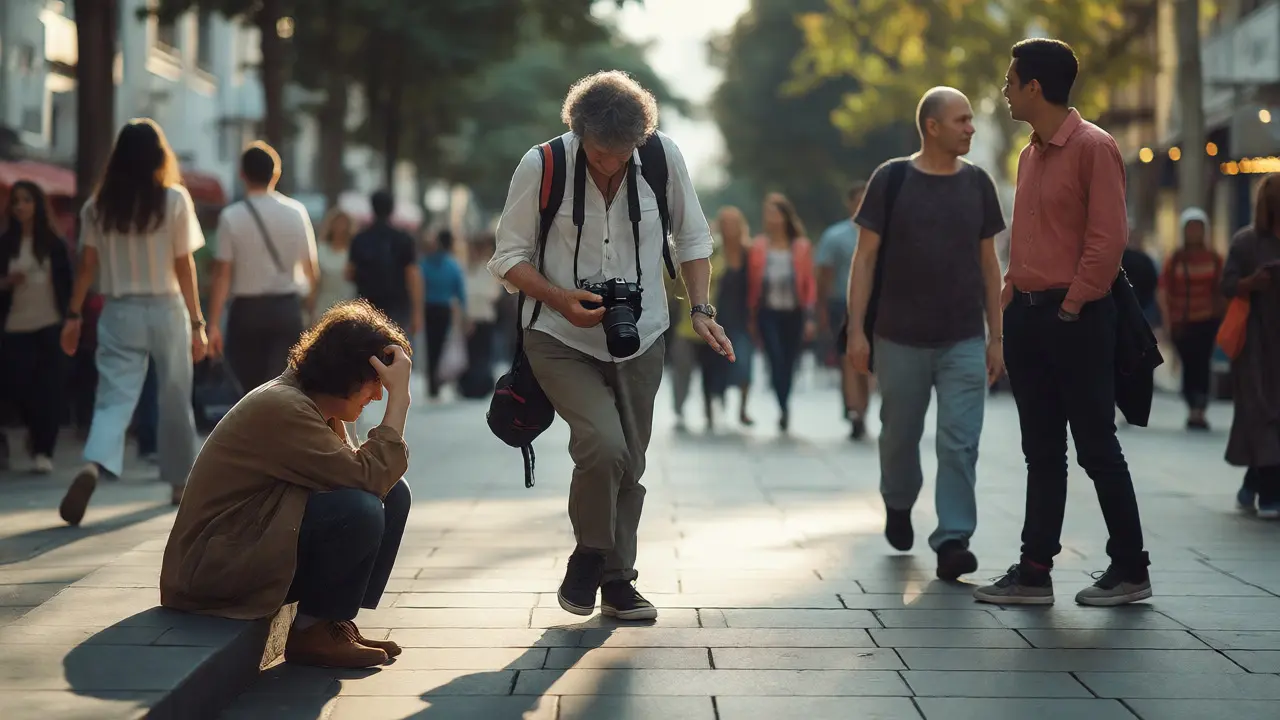 Photographer respectfully pausing to acknowledge a vulnerable subject in a public urban space.