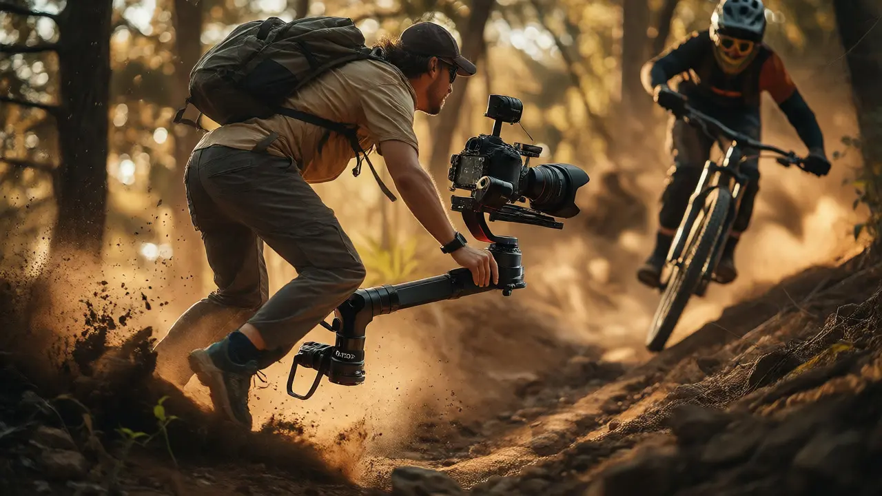 Photographer using a gimbal to stabilize a shot of a mountain biker