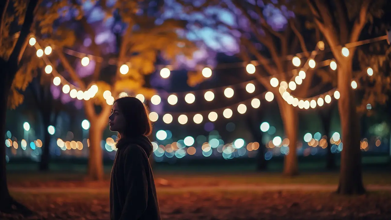 Portrait with subject separated from blurry city light bokeh background