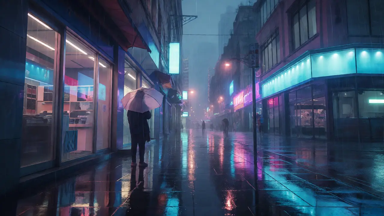 Rainy street with blue neon reflections