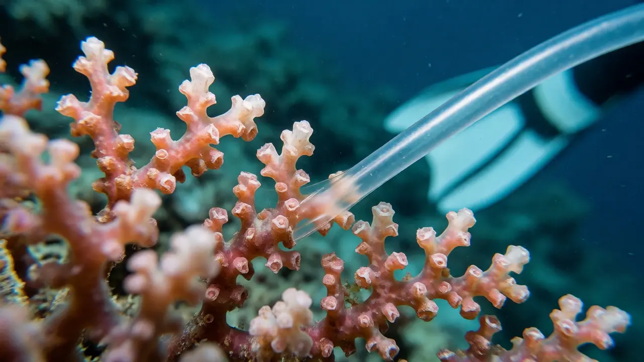 Regulator hose sweeping near fragile branching coral while a diver fin hovers close.