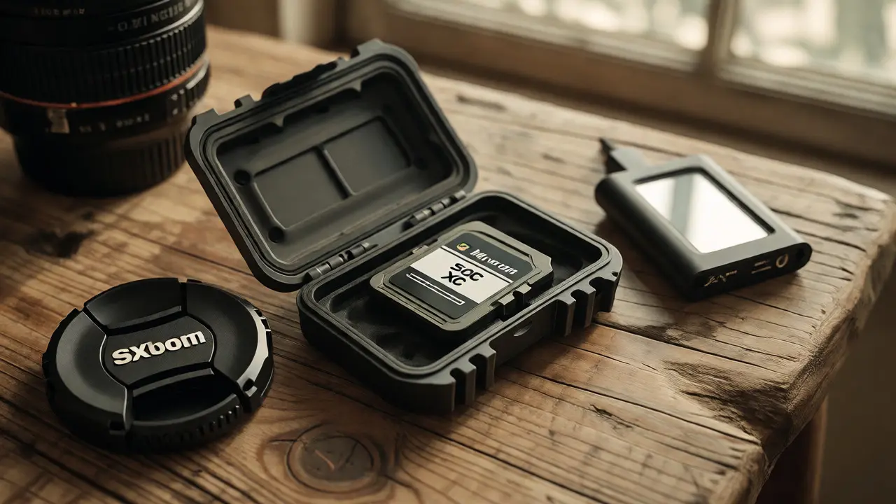 Rugged memory card case and SD card resting on a wooden table