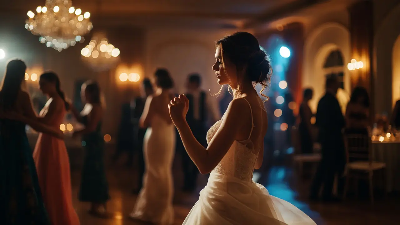 Sharp bride dancing in dim hall with slight grain illustrating high ISO benefits