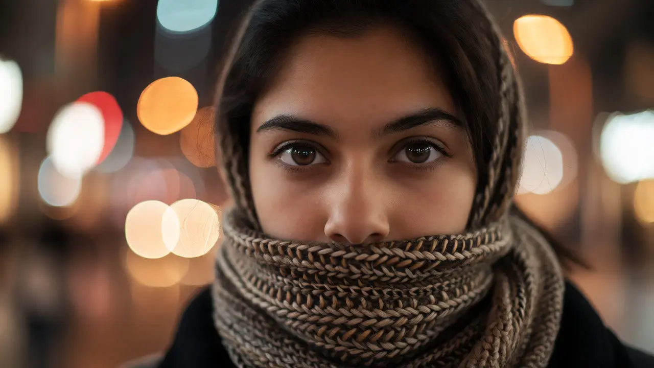 Sharp portrait of eyes against a blurred city background, highlighting focus and contrast as dominant elements.