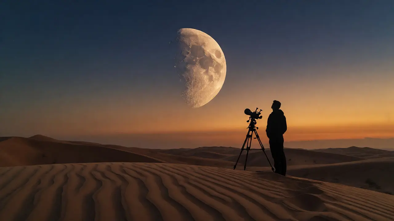 Silhouette of a photographer with a telescope watching the moon over UAE dunes