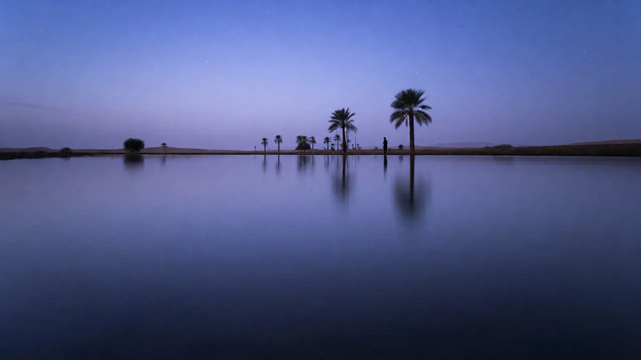 Silky long-exposure reflection of a lake and palms at blue hour