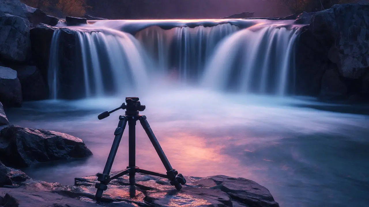 Silky waterfall long exposure with tripod in foreground