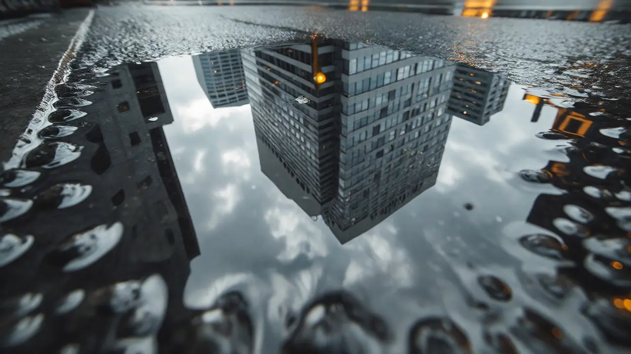 Skyscraper reflected in a small urban puddle on wet street