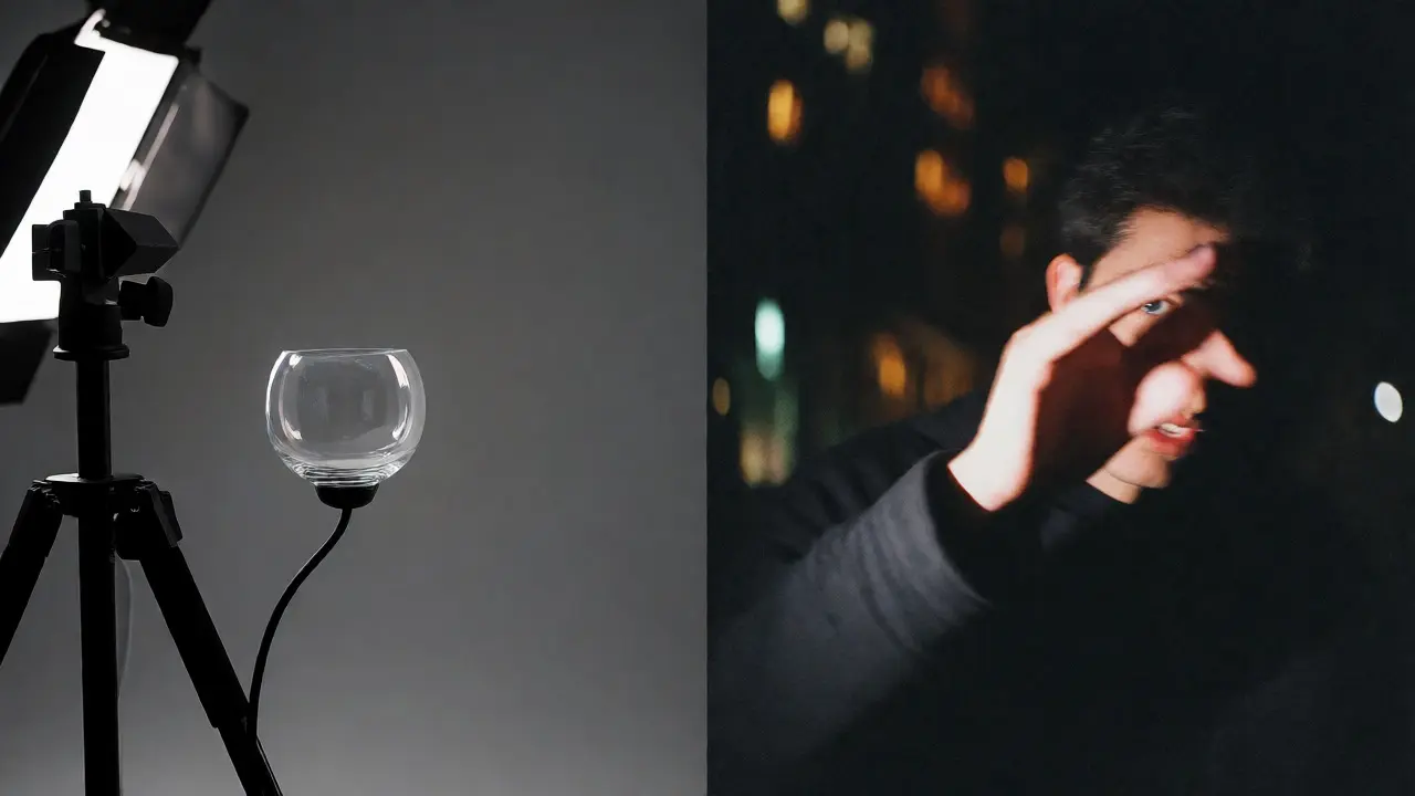 Split image contrasting clean studio product shot with grainy night street photo