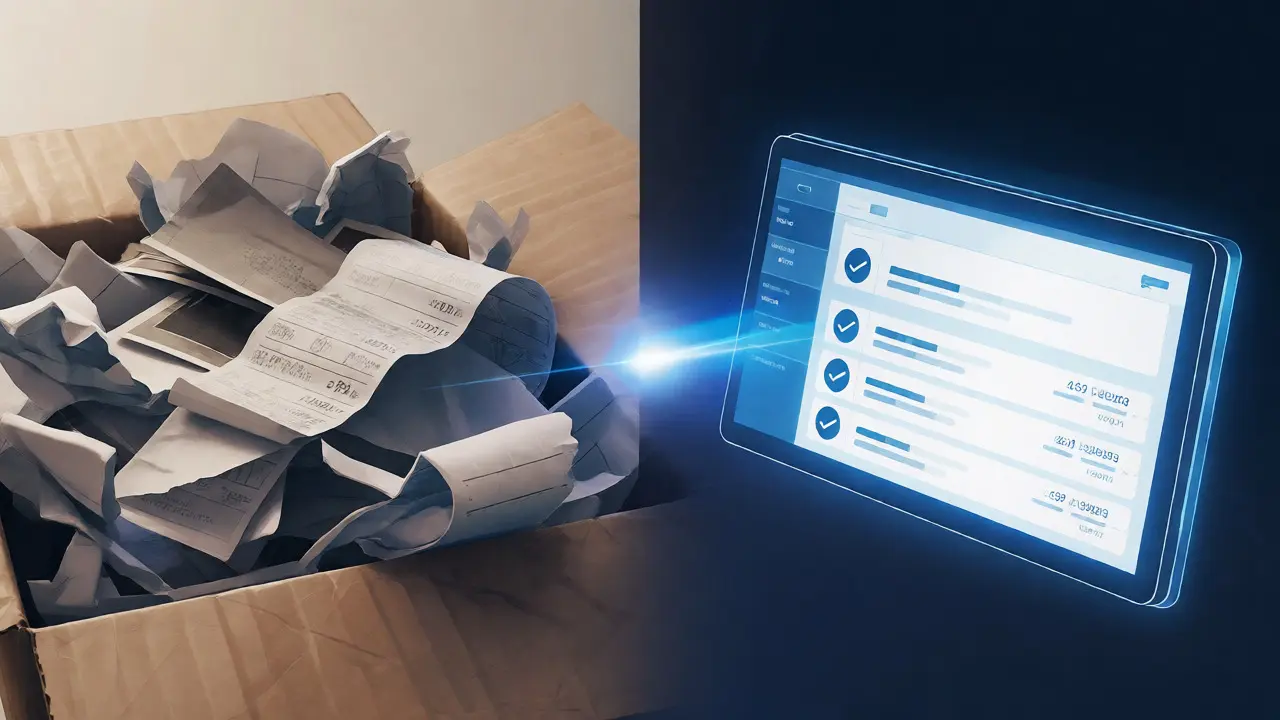 Split view comparing messy paper records with organized digital data
