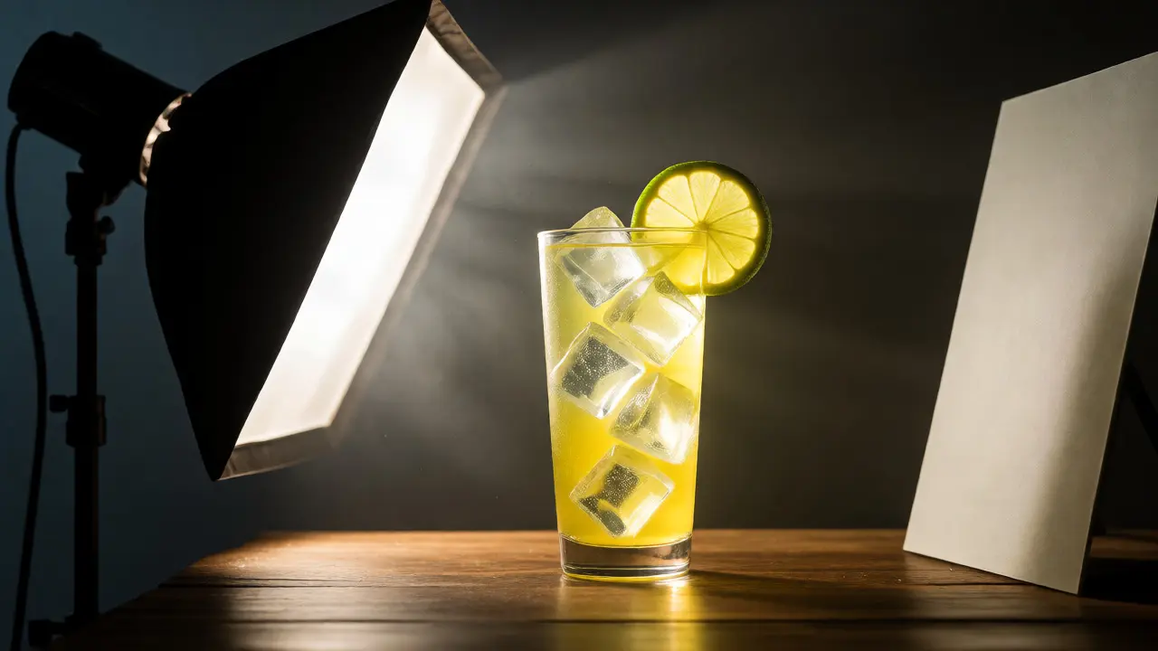 Studio setup with sparkling lemonade, clear ice, and softbox lighting