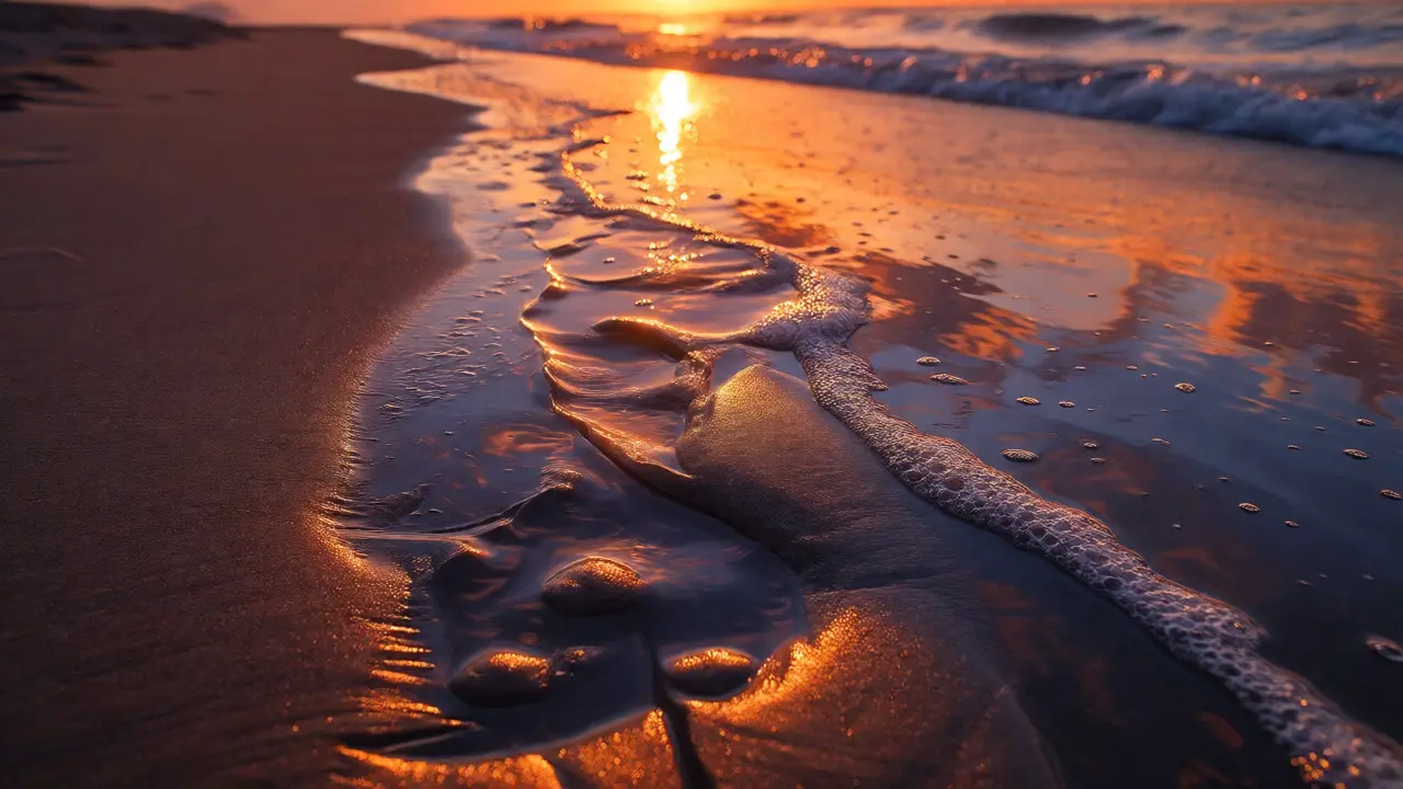 Sunset colors reflected in textured wet sand footprints