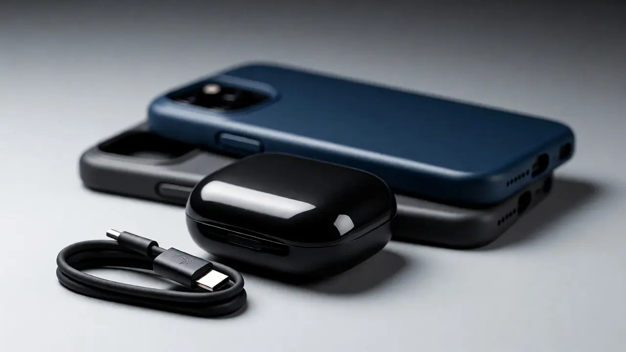 Tech accessories stacked with depth of field on gray background