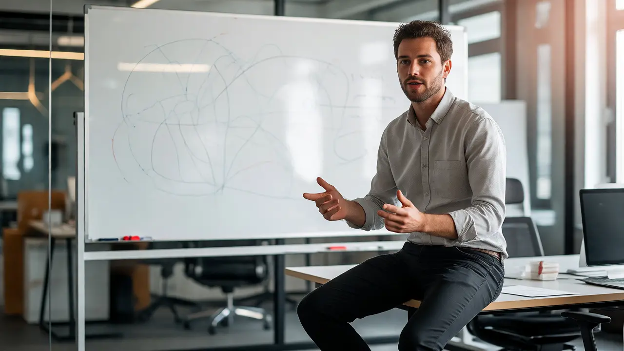 Tech entrepreneur discussing ideas near a whiteboard in modern office