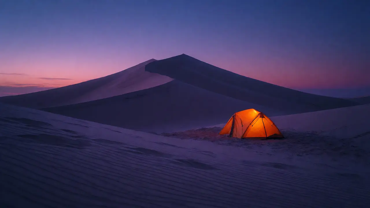 Tiny orange tent in a vast blue desert dune demonstrating scale contrast