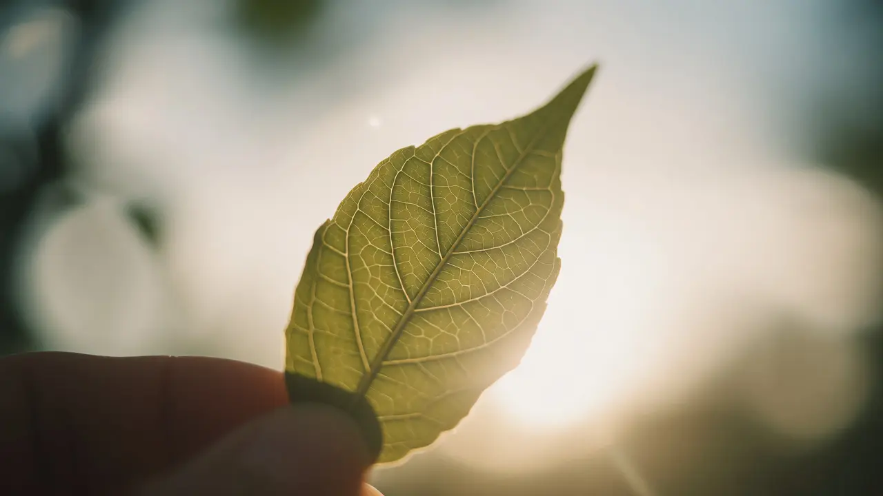 Translucent leaf held up to diffuse sunlight showing vein details