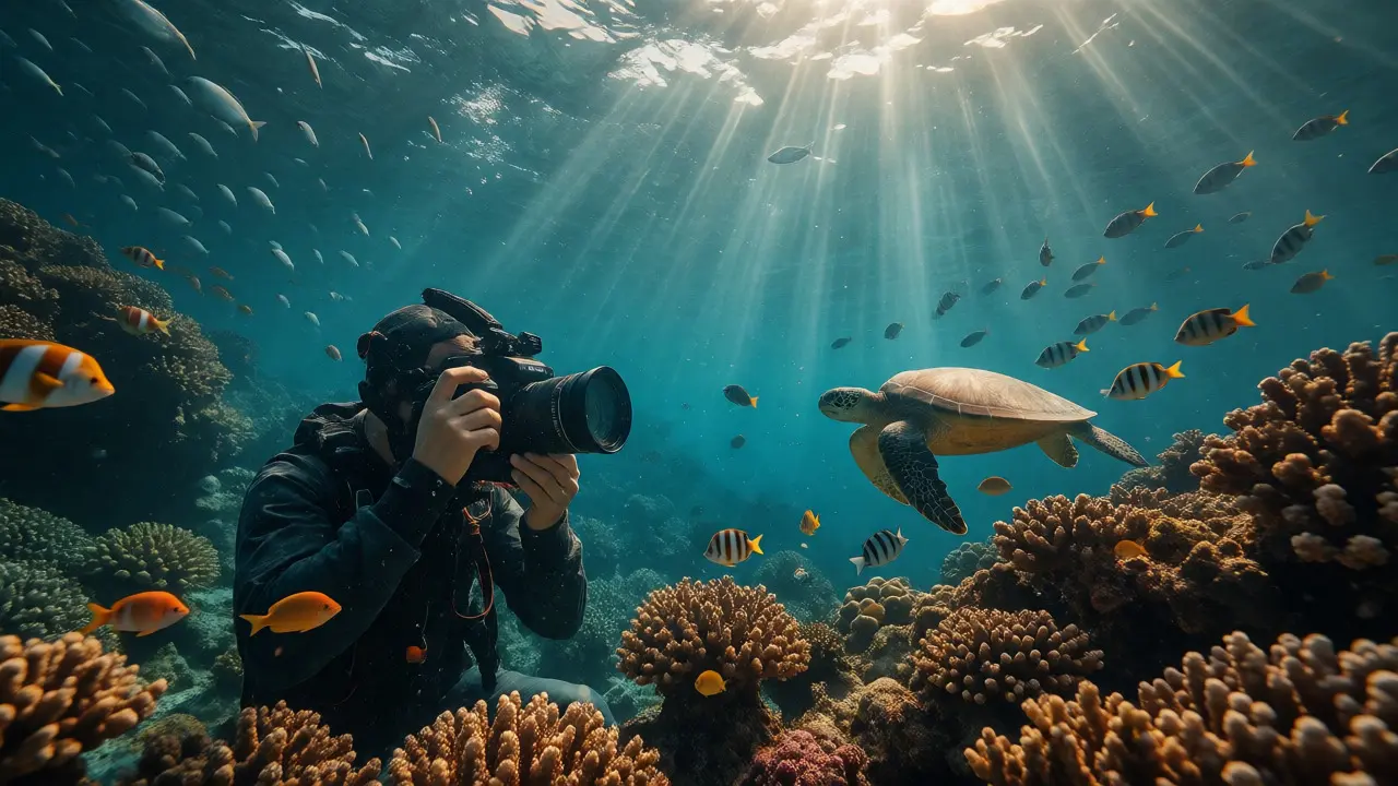 Underwater photographer with housing near coral reef
