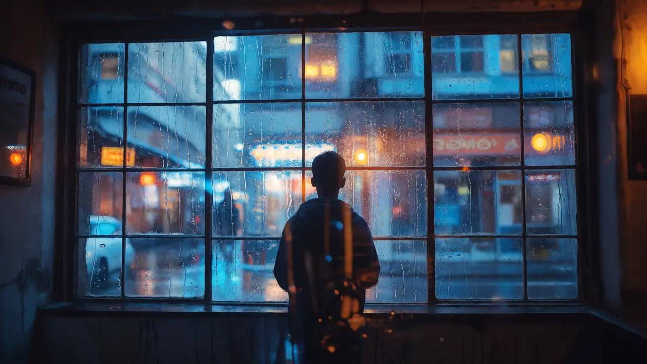 View through a rain-streaked window showing a silhouette against a blurred city street.