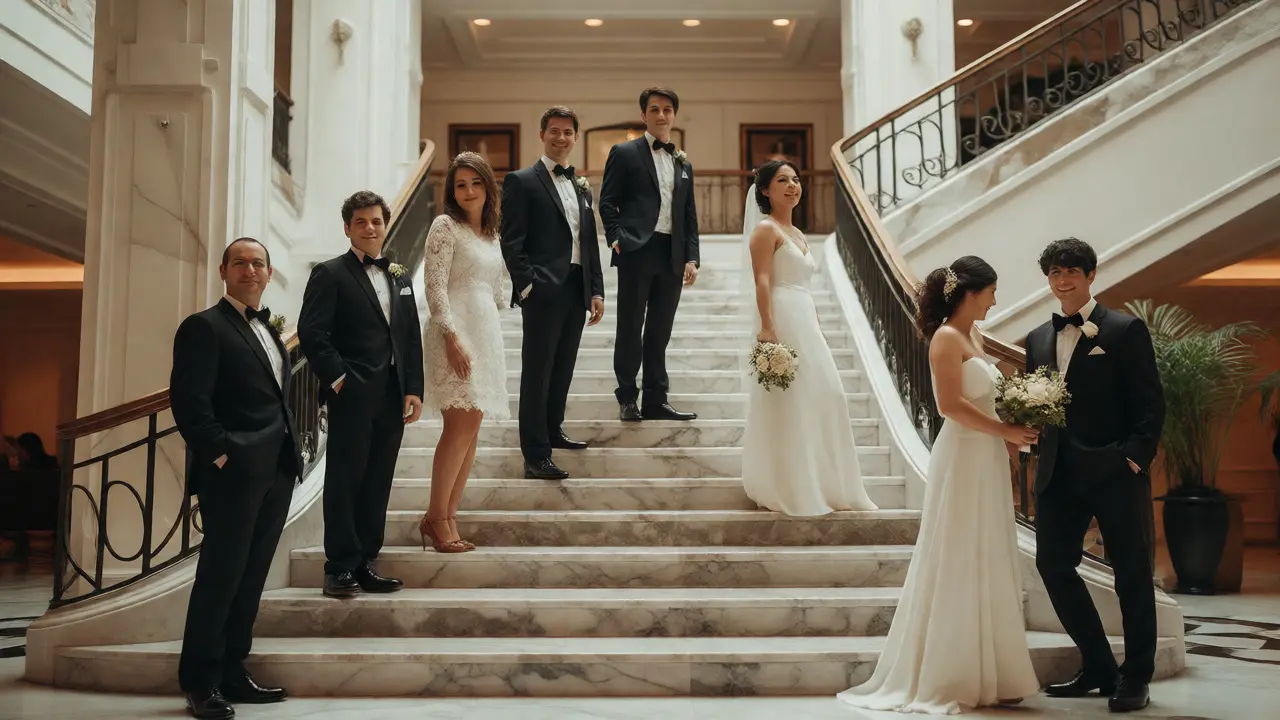 Wedding party arranged in zig-zag formation on stairs
