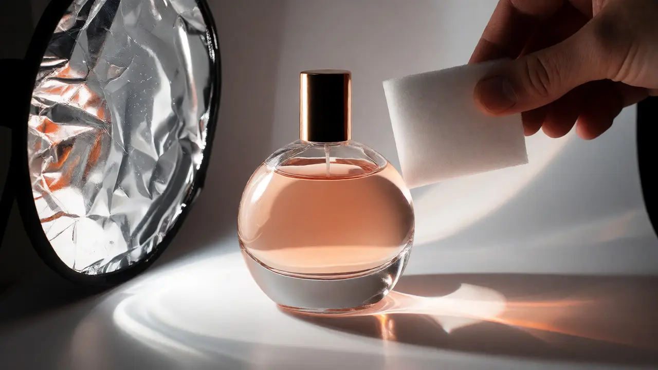 White and silver reflectors filling shadows on a glossy perfume bottle